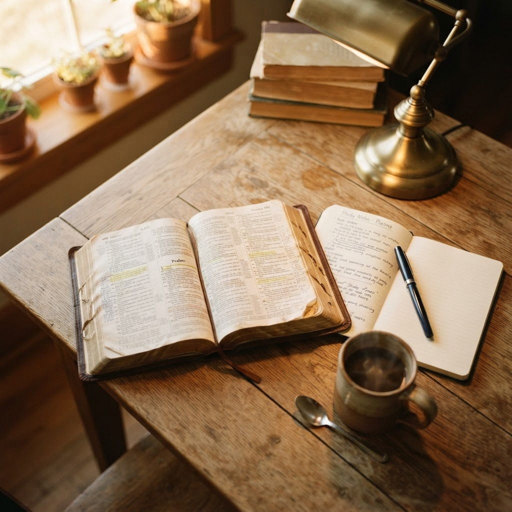 An open Bible and notebook on a wooden table in warm light